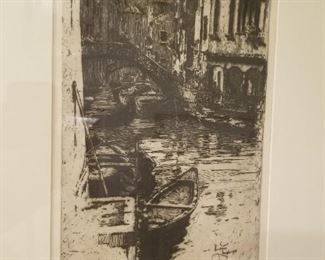 Signed Etching by John Vondrous, "Gondola in Venice"