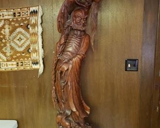 Over 5 foot tall hand carved hardwood sculpture of famous Chinese warrior Yunyang Zhang Fei. Museum quality piece.