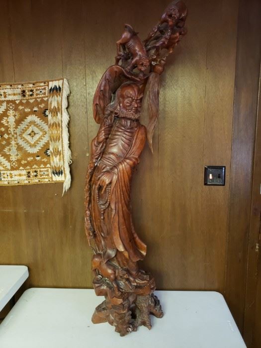 Over 5 foot tall hand carved hardwood sculpture of famous Chinese warrior Yunyang Zhang Fei. Museum quality piece.