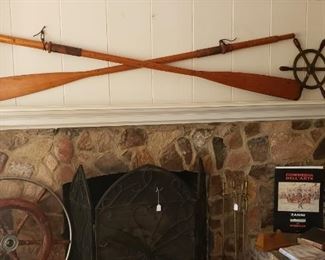 Pair of vintage oars owned by the Jessop's family...also two other vintage nautical steering wheels