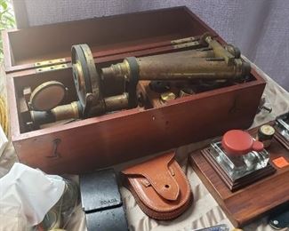 antique microscope/telescope with box,,,antiq ink set..