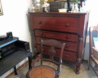 Antique chair (one of several), antique chest, accessories