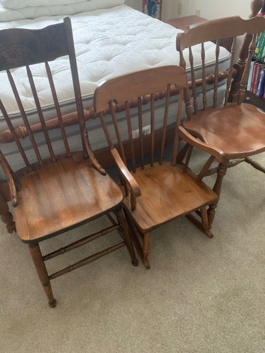 2 wooden side chairs and 1 child's rocker