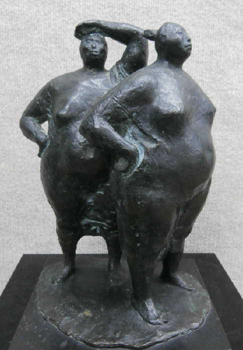 Francisco Zuniga (1912-1988) Costa Rican
MUJERS ANTE EL MAR (Cat. #657), 1972, cast bronze sculpture, signed, from the numbered edition Roman numeral 5, size 11 3/8” tall, mounted to 1 ¼” tall marble base, in very good condition. Provenance: Galeria Tasende, Acapulco, Mexico, registration number 1903; Mr. Ariel Zuniga has kindly verified the authenticity of this piece.