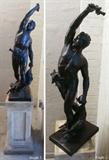 Bronze sculpture (19th or 20th Century)
THE VICTOR, cast bronze sculpture with dark brown patina, signed W. Bottcher?, 47 x 12 ¼ x 18 ½”, with 30” tall wood stand, 77” on stand, some play at attachment in hand, a few rub spots in the patina, otherwise in good condition.