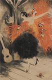 Louis Icart (1880-1950) French
FLAMENCO DANCER, 1929, color etching, signed in pencil, image 20 ¼ x 13 ¼”, artist’s blindstamp lower left, full margins, framed with glass, toning, some small traces of silverfish, otherwise in apparently good condition.