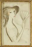 Marie Laurencin (1885-1956) French
LADY WITH FAN, 1911, watercolor on paper, signed and dated upper right, 6 x 4”, framed with glass, a few tiny speckles otherwise in apparently good studio condition. Provenance: Paul & Gilbert Petrides certificate; Ansley Graham, Los Angeles.