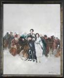 Philippe Monteagudo (b. 1936) French
CELLIST IN CROWD, 1969, oil painting on canvas, signed and dated lower right, 28 x 23”, framed, surface soiling, very minor paint contractions, smudges in the upper sky area, soiling on verso, otherwise in good condition.