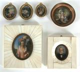 Portrait Miniatures (six)
Group of six portrait miniatures, four signed, sizes from 1 ¾ x 1 ¼” oval to 3 ¼ x 2 ½” oval, all framed with glass, portrait miniatures in good condition, the larger frames with some lifting, otherwise in good condition. (6)