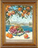 Hernando Villa (1881-1952) Latino Californian
ORANGE BLOSSOMS AND STILL LIFE WITH LAKE VISTA, 1944, oil painting on canvas mounted to panel, signed and dated lower right, 23 x 17 ¼”, framed, in apparently good studio condition. A classic Latino American illustration of a better life during the height of WWII. Villa work was recently featured at the Gene Autry Museum for the Pacific Standard Time exhibition.