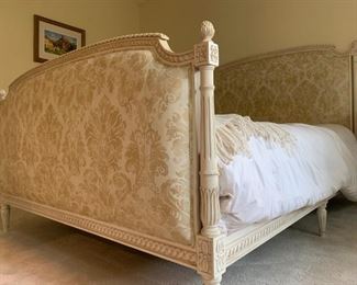 1. QUEEN Vintage French Bed Frame with Updated Damask Upholstered Headboard and Footboard, 88 x 64 x 55h