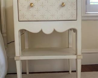 2. PAIR, Hand Painted White and Cream with Patterned Drawer Bedside tables, 22 x 15 x 33. HALF INCH paint chip on top of one, see pictures