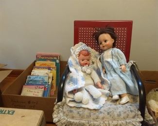 Dolls, books, child's metal rocking chair