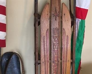 Vintage two man sled/toboggan (see for size of sandal)