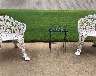 Victorian cast iron chairs; small vintage green patio table