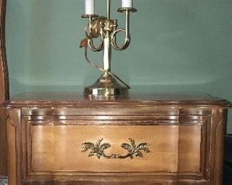 Vintage French night stand (pair); brass double horn table lamp