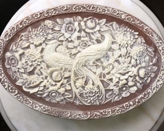 Vintage Incolay carved oval box with Birds of Paradise