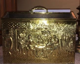 Vintage heavy brass and wood magazine rack