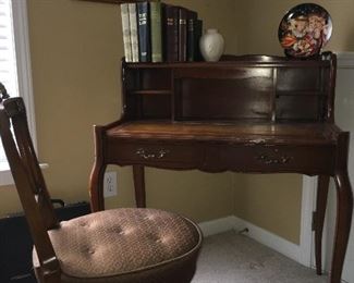 French leather top writing desk and chair; various books