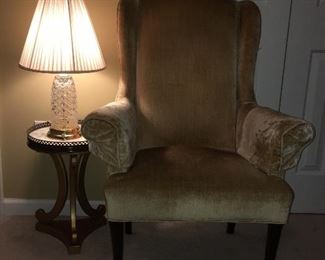 Wing back chair; table lamp; end table