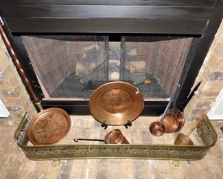 Vintage copper pieces, brass fireplace fender
