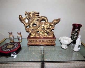 Carved wood Gold Gilt Dragon Sculpture, Abalone inlaid octagonal box, Blanc de Chine flower frog vase & Geisha statue.