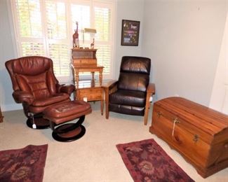 Craftsman style leather recliner, Eames Style leather chair with ottoman, Rock Maple end tables,