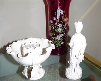 Blanc de Chine flower frog compote, & Kwan Yin figurine, enameled red glass vase