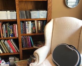 Wing back chair and all items on bookcase