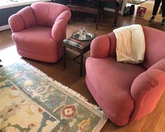 MATCH SET OF CLUB CHAIRS,  SIDE BENCH,  AND AREA RUG - 100% WOOL