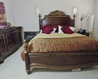 Queen bed and dresser along with the comforter and linens for sale.