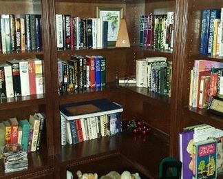 Books and DVDs. Bookshelves for sale as well. 