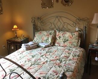Queen metal scroll work bed, 2 sets of nesting tables, queen comforter w/bed skirt, shams, sheets