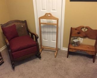 Antique rocker, coat rack, small bench
