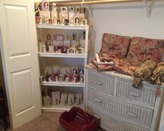 Precious Moments, white wicker dresser, bed linens