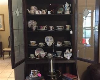 Vintage leaded glass drop-front secretary, china cups & saucers