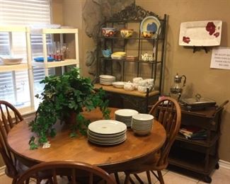 Round oak kitchen table, wooden tea cart, iron/wood etagere'