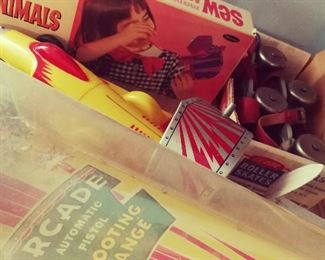 Mid-Century Metal Roller Skates, Metal Toy Airplanes