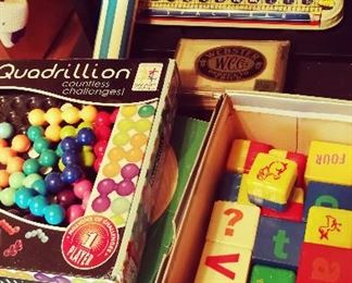 Quadrillion, Old Wooden Toy Blocks, Vintage Toy Metal Typewriter / Typewriters