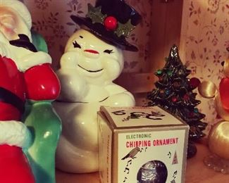 Retro Christmas Electronic Chirping Ornament in Original Box, Ceramic Trees, Snowmen