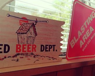 Vintage 70s & 80s Signs / Used Beer Department / Blasting Area Construction Sign 