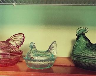 Colored Glass Hen / Hens With Lids 