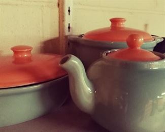Retro Orange & Blue Ceramic Tea Kettle / Casserole Dish 