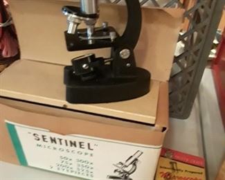 Old Sentinel Microscope in Box / Slides 