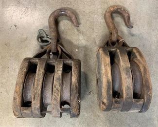 Antique Primitive Wood / Metal Pulleys