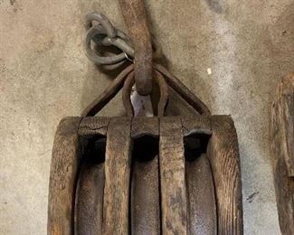Antique Primitive Wood / Metal Triple Pulley