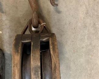 Antique Primitive Wood / Metal Double Pulley