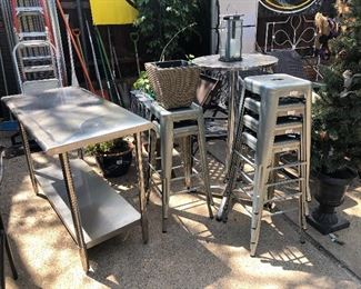 Industrial stools, stainless prep table, bar height table