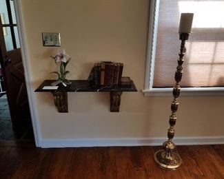 Marble wall shelf Boehm limited edition humming bird and brass floor candlestick 