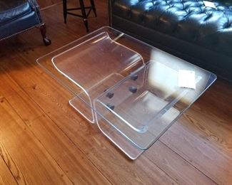 Pair of lucite base glass topped small coffee or end tables 